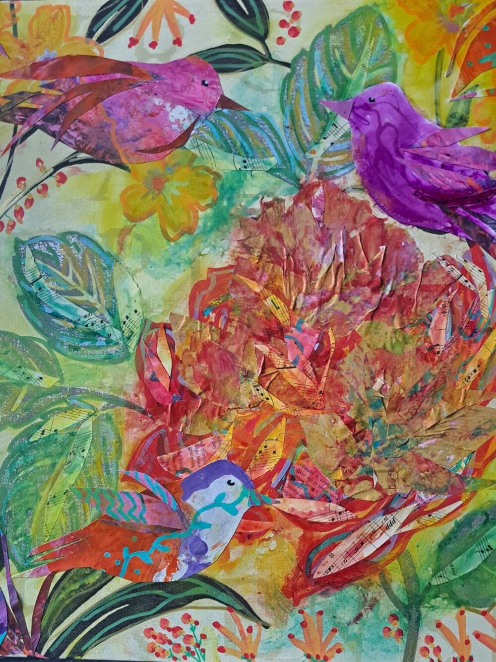 mixed media painting by artist ROBIN BIXON, featuring vibrant birds and botani